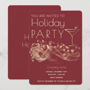 Gold wavy bokeh cocktail corporate Holiday party  Invitation