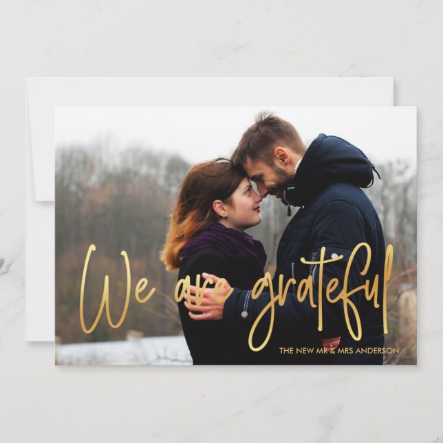 Gold | We are grateful 2 Photo Wedding Thank You Card (Front)
