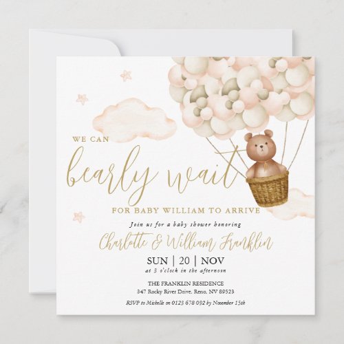 Gold We Can Bearly Wait Teddy Bear Baby Shower Invitation