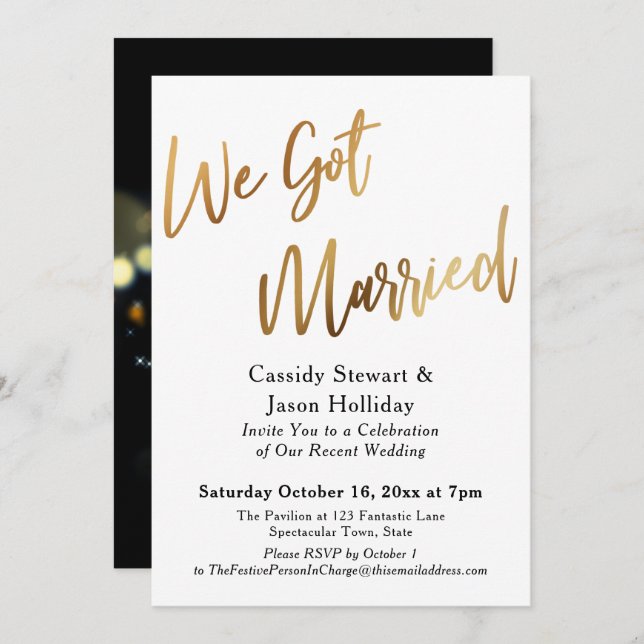 Gold We Got Married Bokeh Black Back Reception Invitation (Front/Back)