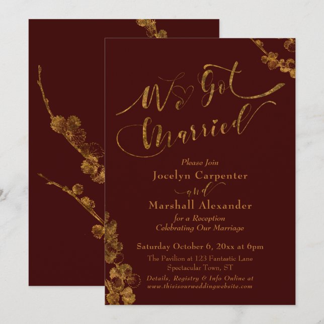 Gold We Got Married with Botanicals, Burgundy Invitation (Front/Back)
