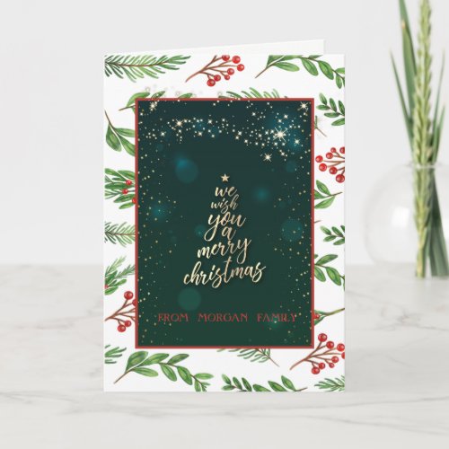 Gold We Wish You A Merry ChristmasHolly Berry Holiday Card