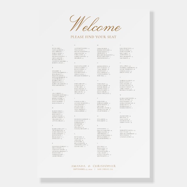 Gold Wedding Alphabetical Seating Chart Foam Board (Front)