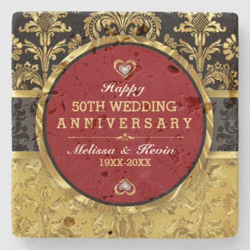 Gold Wedding Anniversary Red Black  Gold Stone Coaster