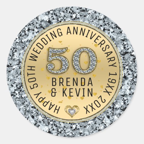 Gold wedding anniversary white diamonds and gold classic round sticker