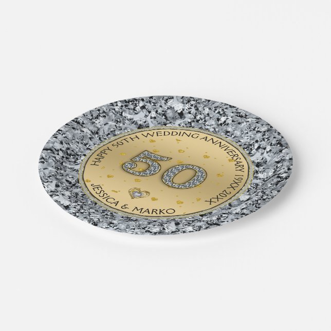 Gold wedding anniversary White diamonds & gold Paper Plates (Angled)