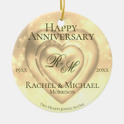 Gold Wedding Anniversary with Two Hearts Ceramic Ornament