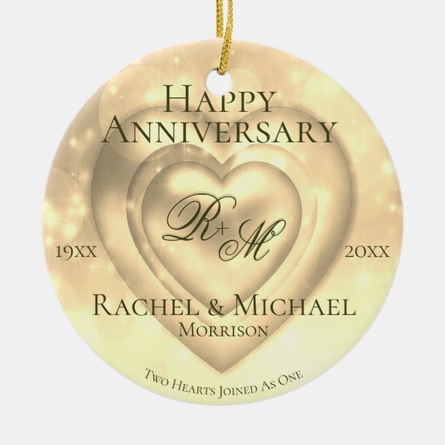 Gold Wedding Anniversary with Two Hearts Ceramic Ornament (Front)