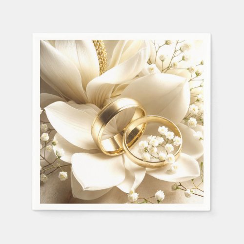 Gold Wedding Bands On a Magnolia Flower Napkins