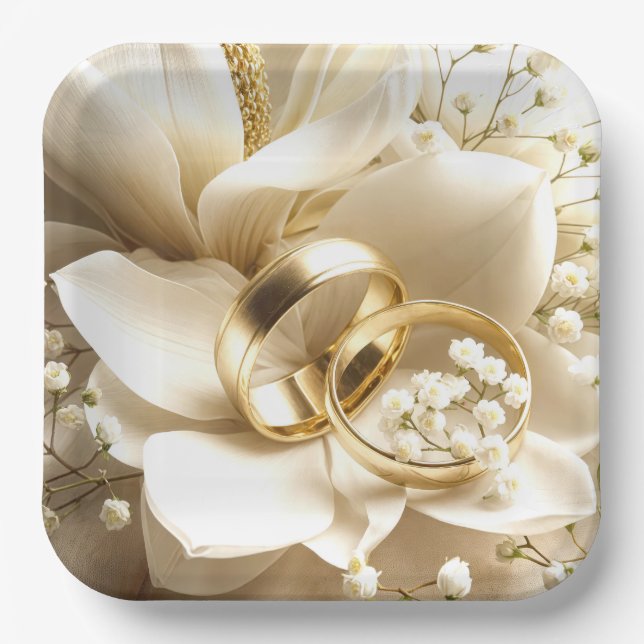 Gold Wedding Bands On a Magnolia Flower Paper Plates (Front)