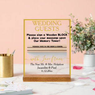 Gold Wedding Book Wooden Block Names Acrylic Sign