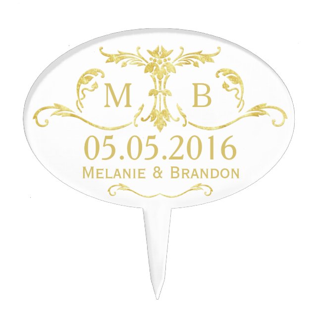 Gold wedding cake topper Monogram Cake pick (Front)
