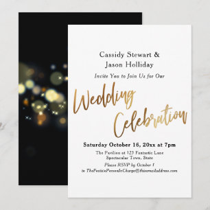 Gold Wedding Celebration Typography, Bokeh Black Invitation