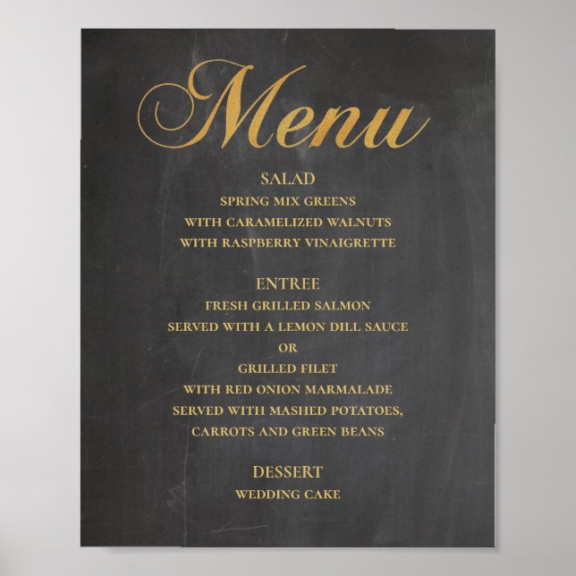 Gold wedding dinner menu. Chalkboard elegant Poster (Front)