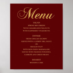 Gold wedding dinner menu. Maroon elegant simple Poster | Zazzle