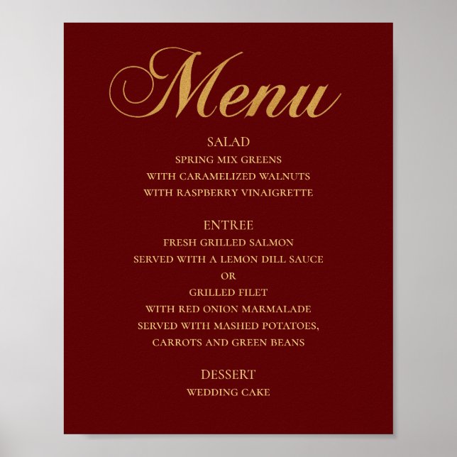 Gold wedding dinner menu. Maroon elegant simple Poster (Front)