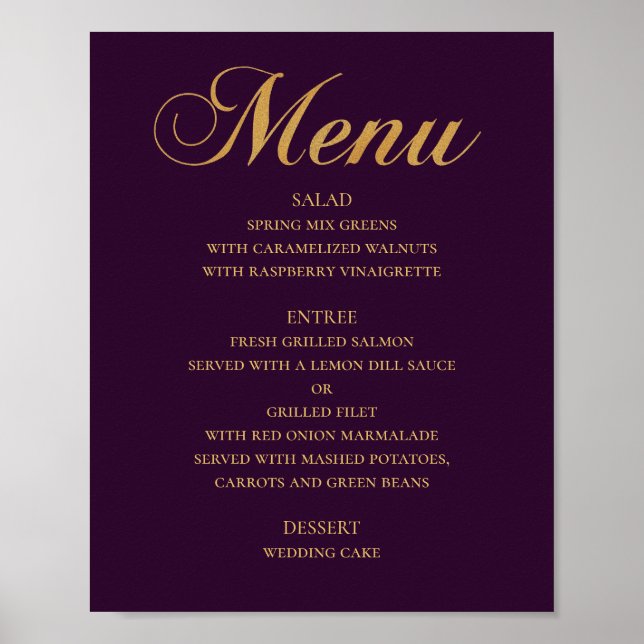 Gold wedding dinner menu. Purple elegant simple Poster (Front)