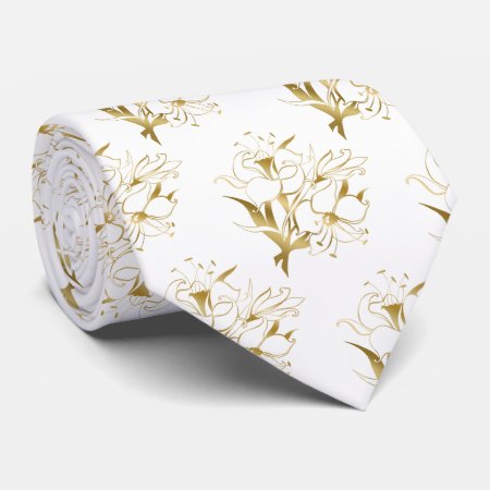 Gold Wedding Floral Design. Flower Illustration Neck Tie