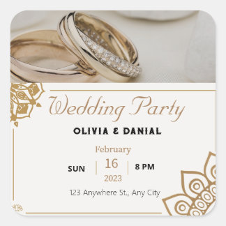 Gold Wedding Foil with rings Wedding invitation Square Sticker
