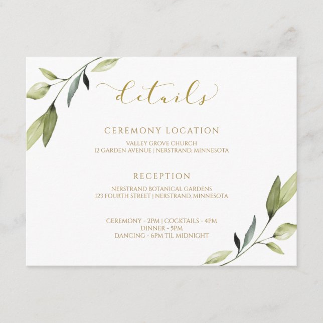 Gold Wedding Greenery Botanical Watercolor Elegant Enclosure Card (Front)