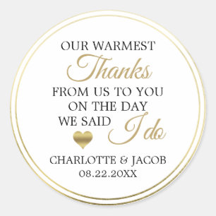 GOLD Wedding Heart Warmest Thanks Thank You Classic Round Sticker