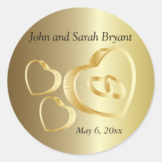 Gold Wedding Hearts and Rings | Personalize Classic Round Sticker (Front)