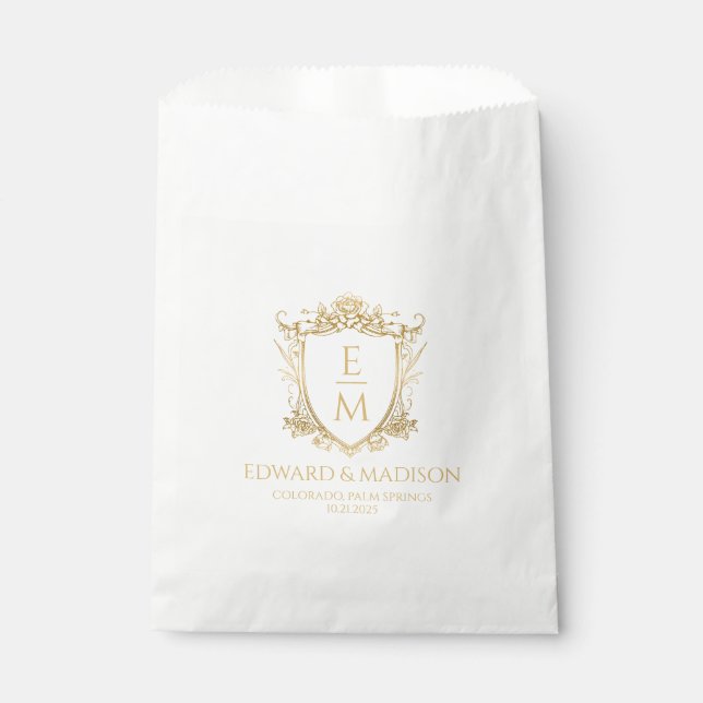 Gold Wedding Initials & Wedding Floral Crest  Favor Bag (Front)