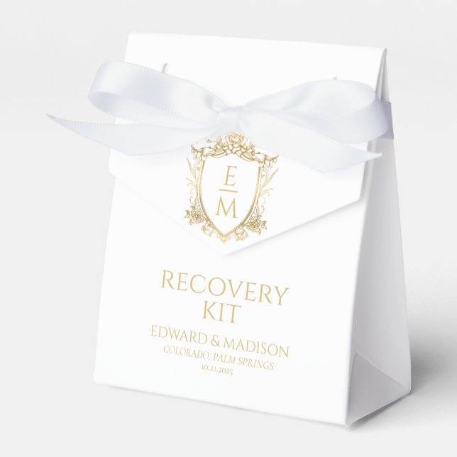 Gold Wedding Initials & Wedding Floral Crest  Favor Boxes (Front Side)