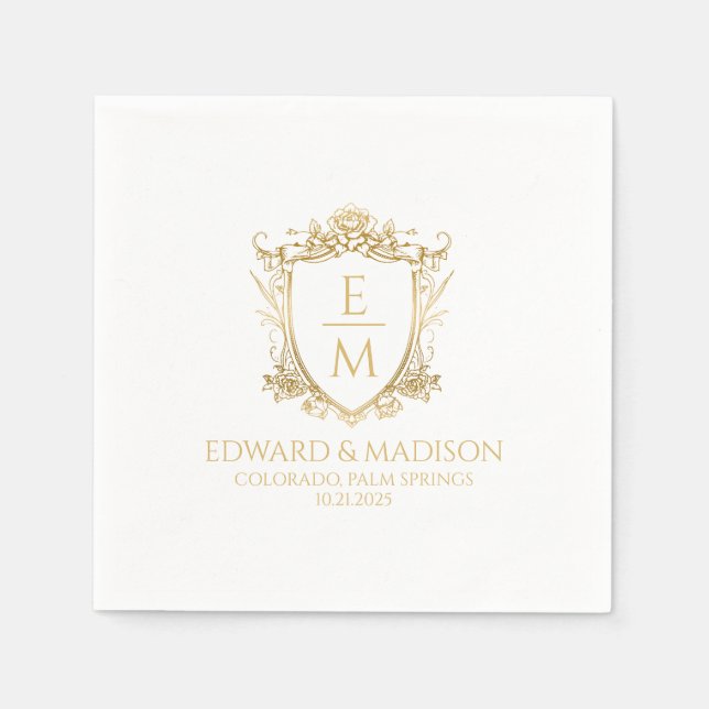 Gold Wedding Initials & Wedding Floral Crest  Napkins (Front)