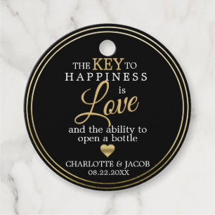 GOLD Wedding Key to Happiness is LOVE Open Bottle Favor Tags