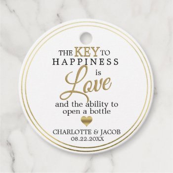 Gold Wedding Key To Happiness Is Love Open Bottle Favor Tags by UniqueWeddingShop at Zazzle