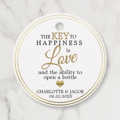 GOLD Wedding Key to Happiness is LOVE Open Bottle Favor Tags