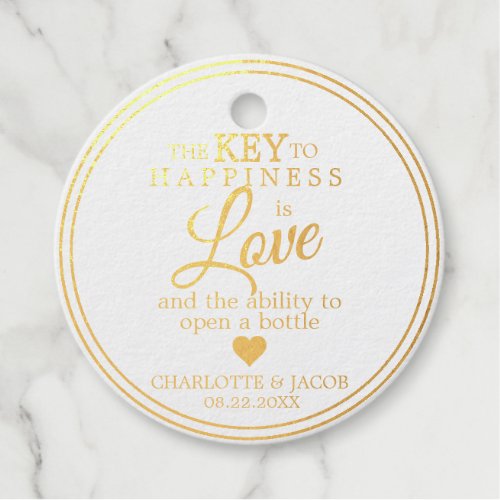 GOLD Wedding Key to Happiness is LOVE Open Bottle  Foil Favor Tags