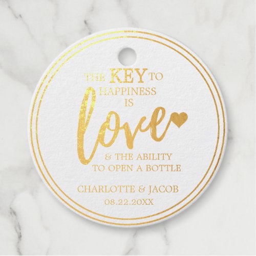 GOLD Wedding Key to Happiness is LOVE Open Bottle  Foil Favor Tags