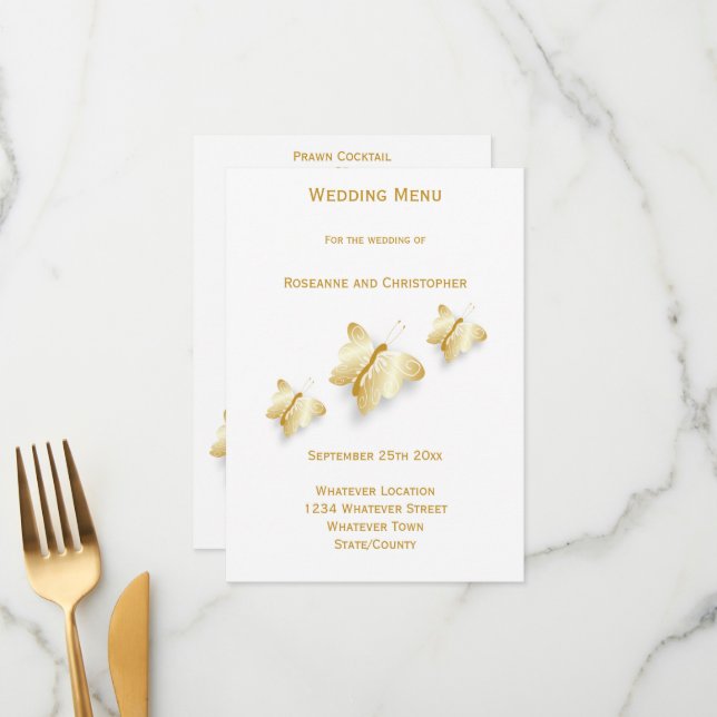 Gold Wedding Menu Butterflies Design (Front/Back In Situ)