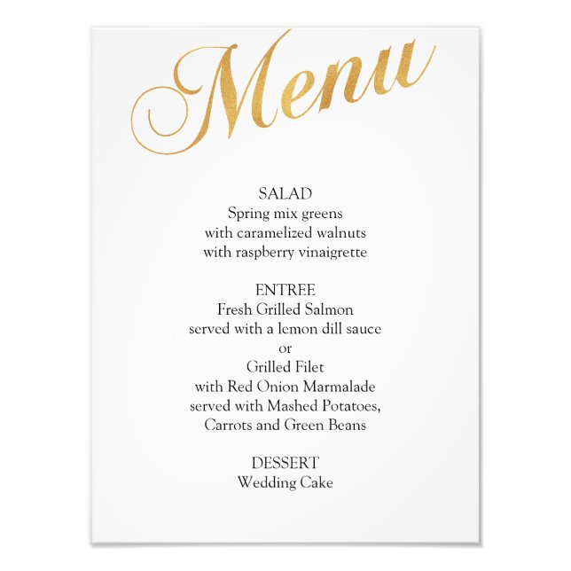 Gold wedding menu poster. Elegant dinner menu Photo Print (Front)