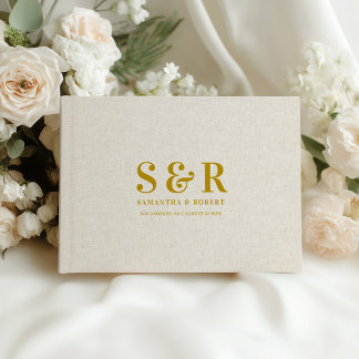 Gold Wedding Monogram Beige Linen Guest Book