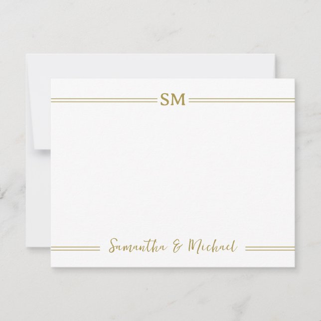 Gold Wedding Monogram Initials Couple Name Lines Note Card (Front)