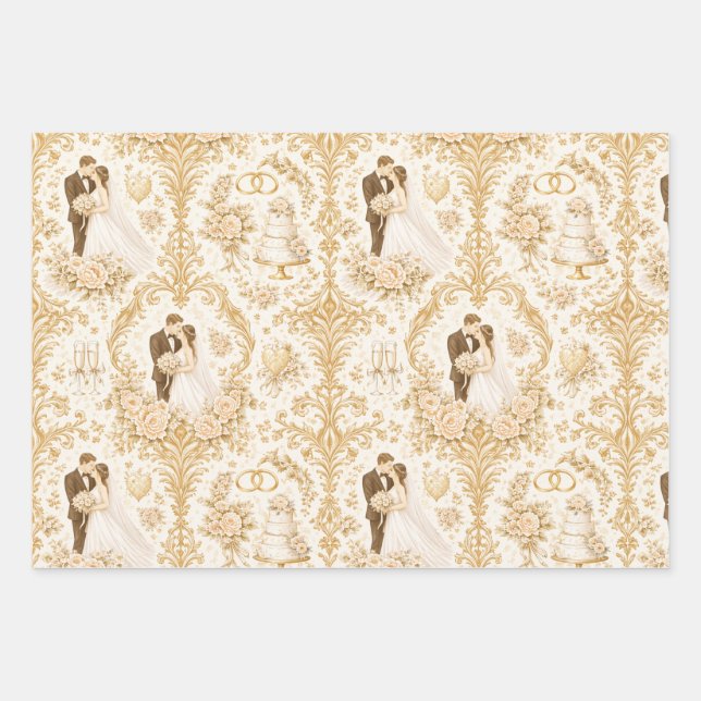 Gold Wedding Pattern Wrapping Paper Sheets (Front)