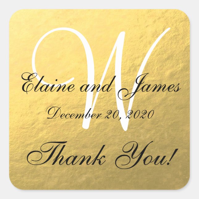 Gold Wedding Personalized Thank You Square Label (Front)