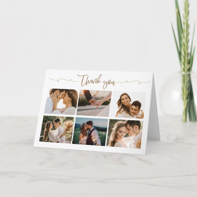 Gold Wedding Photo Collage Thank You Card (Front)