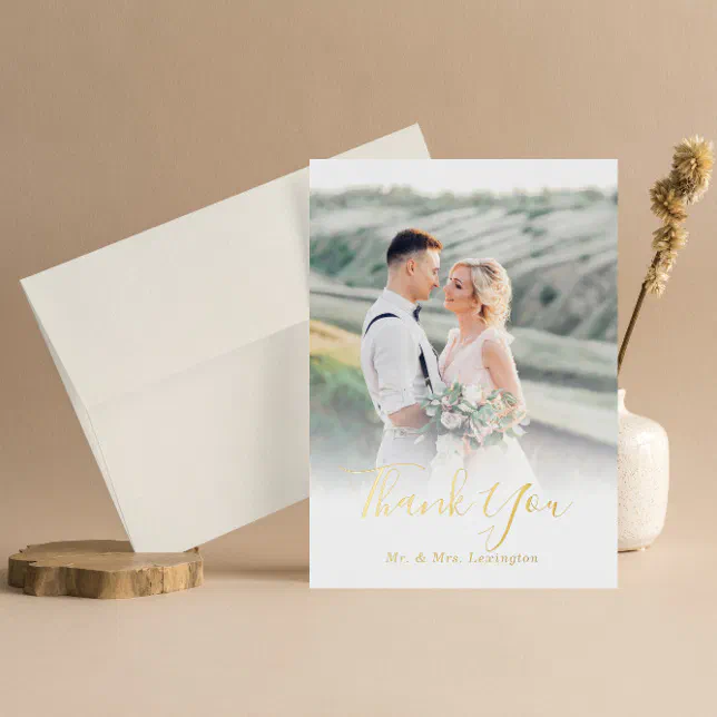 Gold Wedding Photo Thank You Foil Greeting Card | Zazzle