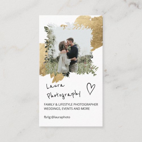 Gold wedding photographer floral 2 photo collage business card