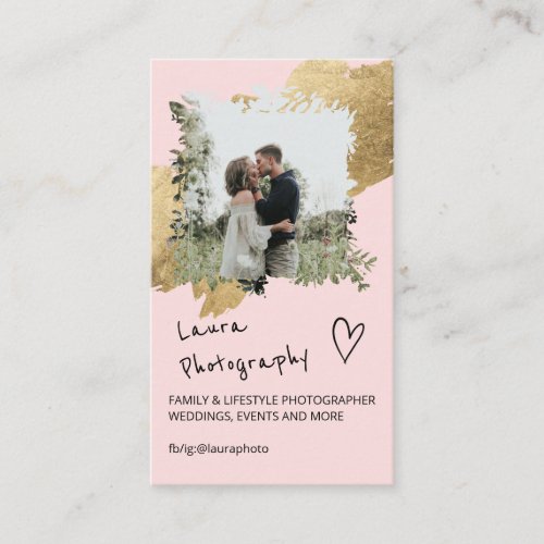 Gold wedding photographer pink floral 2 photo business card