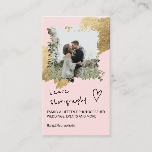 Gold wedding photographer pink floral 2 photo business card (Front)