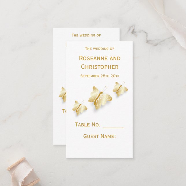 Gold Wedding Place Setting Card Butterflies Design (Front/Back In Situ)