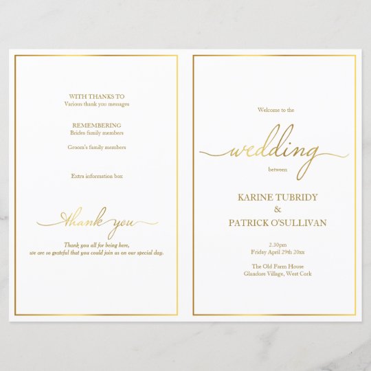 Gold Wedding Program Modern Font Gold Border Zazzle Com