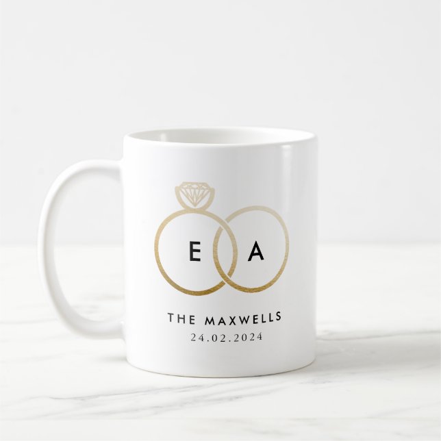 Gold Wedding Ring Monogram with Date Coffee Mug (Left)