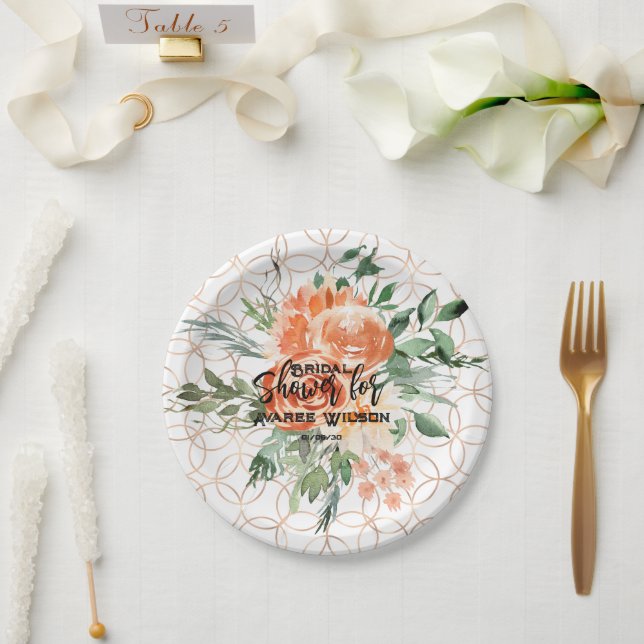 Gold Wedding Ring Pattern with Orange Roses Paper Plates (Wedding)