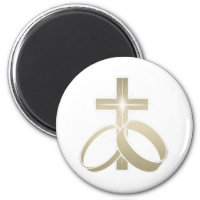 Gold wedding rings and cross art 2 inch round magnet